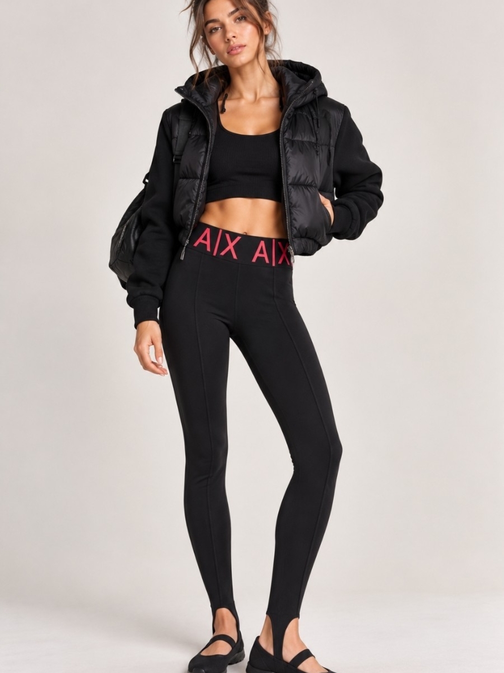High-Rise Logo Waist Black Leggings with Pink Accent
